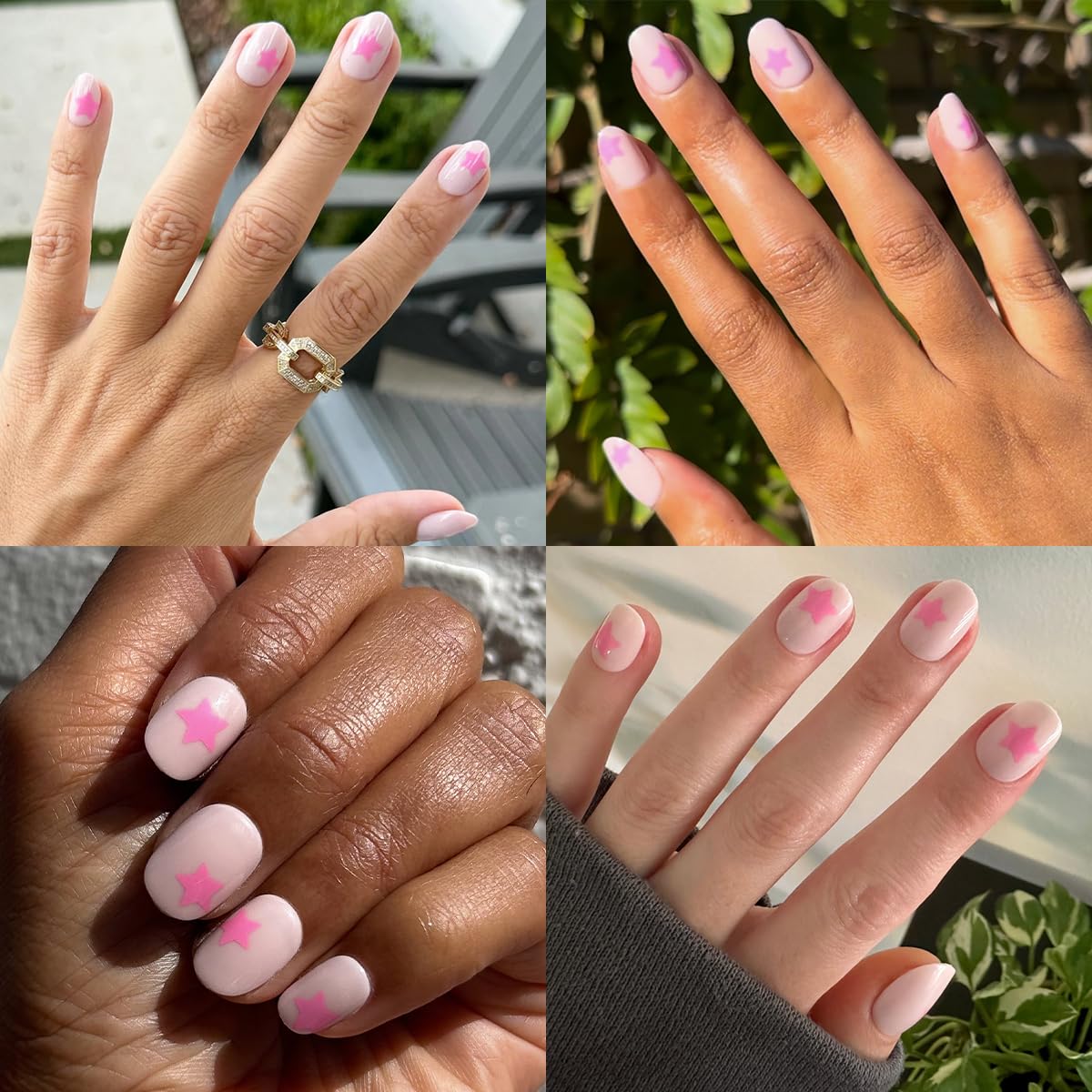 Olive & June Classic Super Stick Mani Press On Nails | No Glue Needed | 32 Tab Nails 16 Sizes | Non-Toxic Tabs Non-Damaging 7-Day Wear | Spring Flowers & Patterns | Extra Short, Round |Pink Star Party