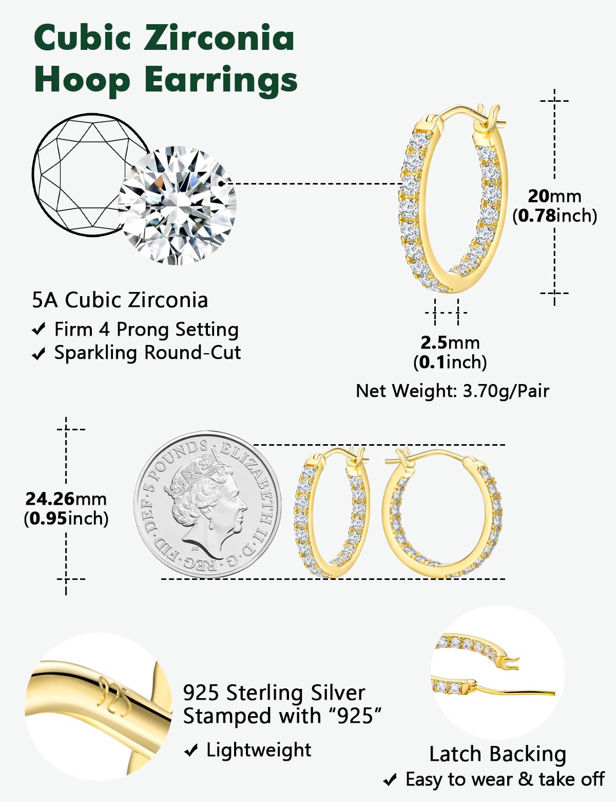 RANDES 14K Gold Plated Hoop Earrings for Women Hypoallergenic Cubic Zirconia Hoops Sterling Silver Created Diamond Large Round Earrings
