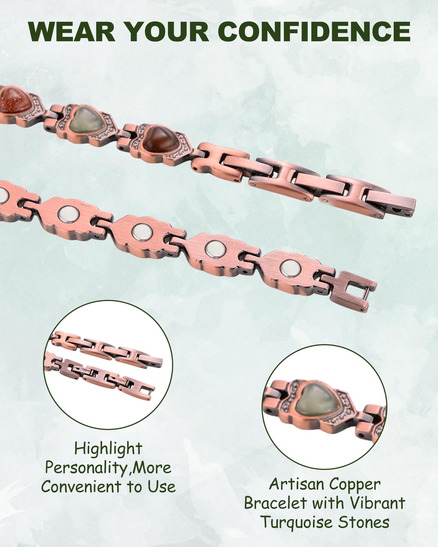 MagEnergy Copper Bracelet for Women, 99.99% Pure Solid Copper Bracelet with 3500 Gauss Magnetic, Adjustable, Jewelry Gift (Copper-Heart+Ring/B)