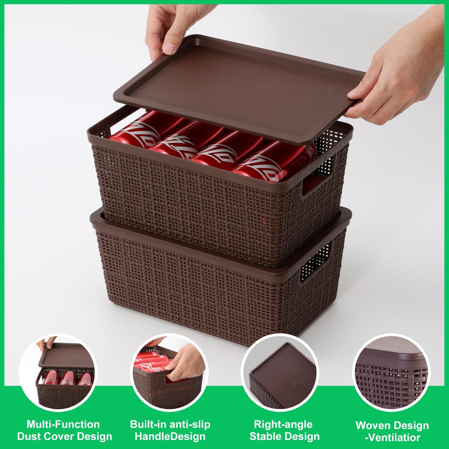 WRRLORS 6 Pack Plastic Storage Baskets With Lids,Brown Breathable Stackable Storage Bins,Small Storage Containers,for Organizing Storage Baskets on Desktops,Closets,Playrooms,Classrooms,Offices