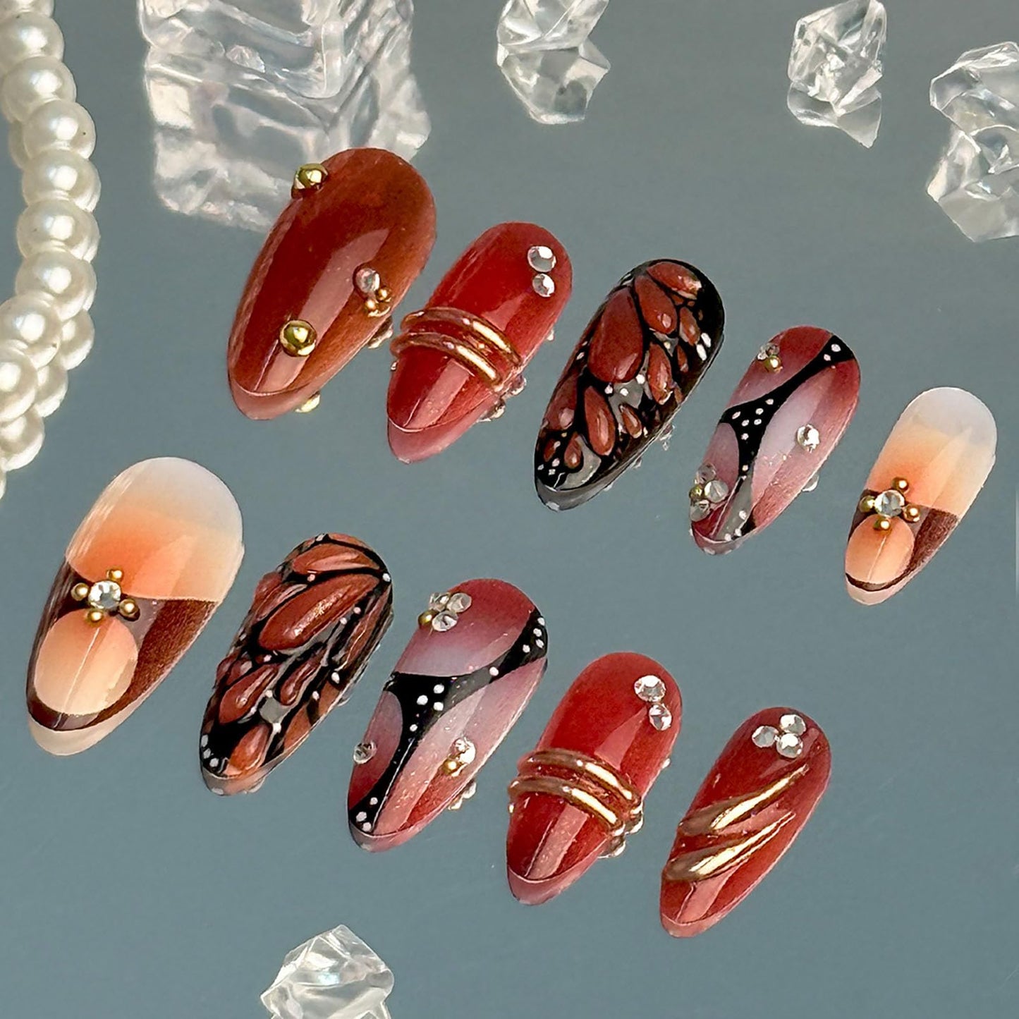 RUOKEXIN Almond Press on Nails Medium Fake Nails Butterfly False Nails with 3D Designs Spring Summer Nail Press ons Sparkly Artificial Nails for Women 24Pcs