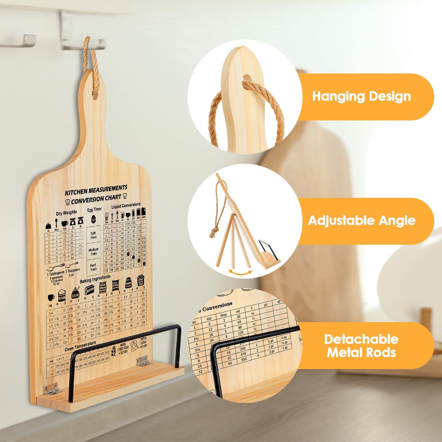 comfoyar Cookbook Stand for Kitchen Counter, Sturdy Recipe Book Holder with Adjustable Angle, Foldable Wood Cook Book Stand Holder with Measurement Conversion Chart for Baking, Easy Storage