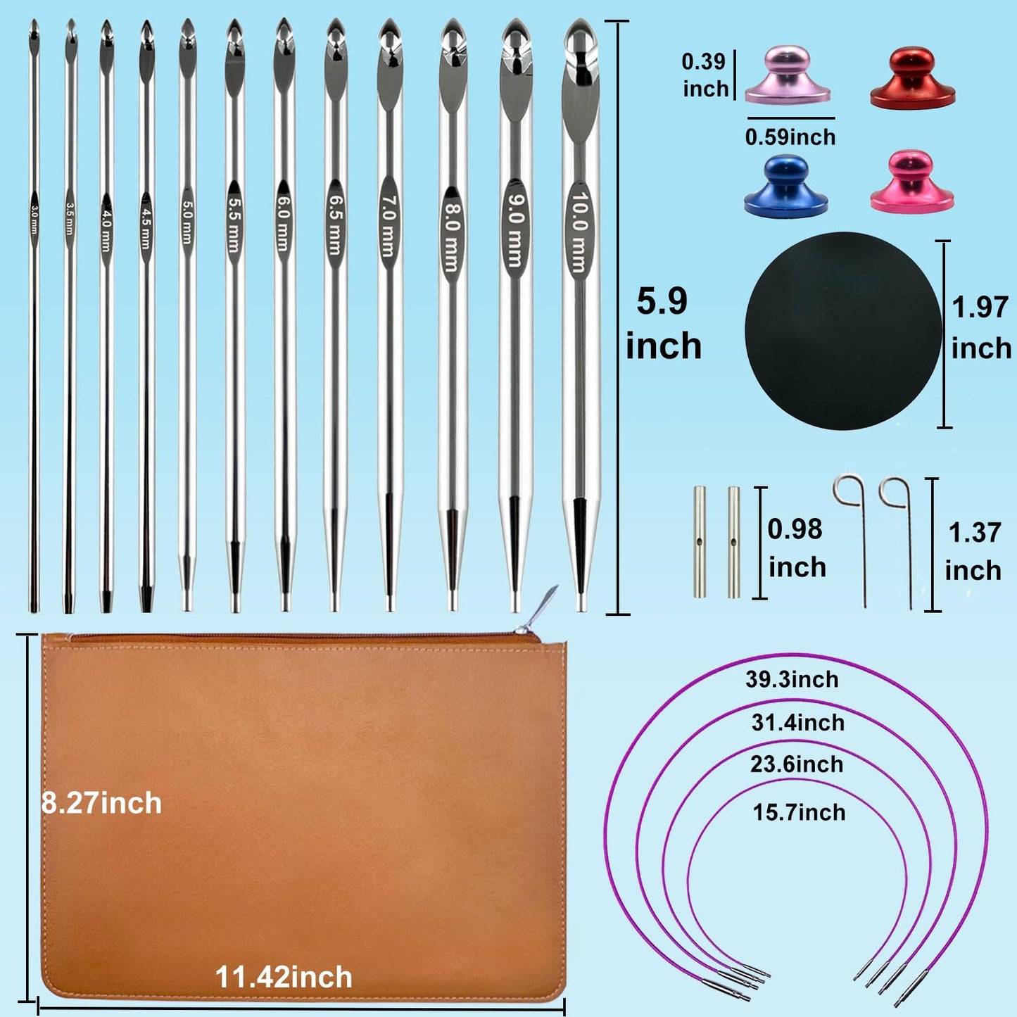 Hobekoee Tunisian Crochet Hooks Set with Cable,12 Size Aluminium Interchangeable Crochet Hook Set Inline Crochet Hooks Afghan Crochet Needles 3mm-10mm