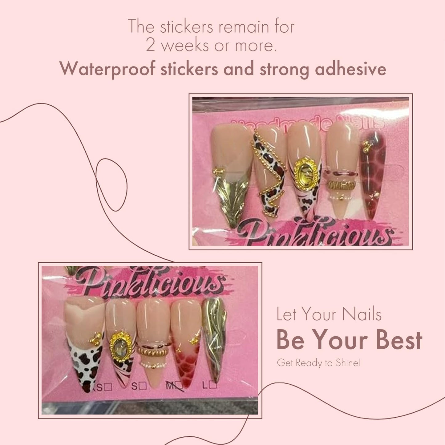 Pinktlicious Handmade Nude Stiletto Press On Nails - Neutral French Tip Glue On Nails with Gold Accents, Reusable Salon-Quality Fake Nails for Women (M)