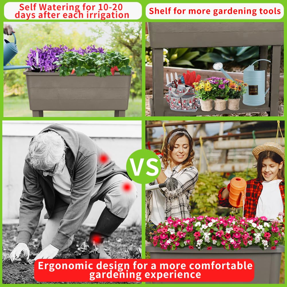 Megawodar 3 Pcs Self Watering Elevated Raised Garden Bed, Large Outdoor Plastic Planter Box Big Flower Plant Pot for Planting Flowers Vegetables and Herbs (3, Khaki)
