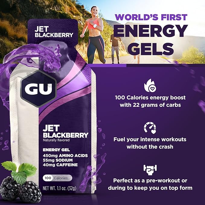 GU Energy Original Sports Nutrition Energy Gel, Vegan, Gluten-Free, Kosher, and Dairy-Free On-the-Go Energy for Any Workout, 24-Count, Jet Blackberry