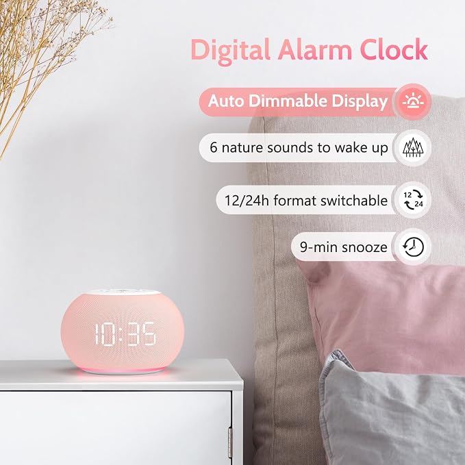 REACHER Auto Dimmable Sound Machine Alarm Clock with Night Light for Girls | 20 soothing sounds, sleep timer, precise volume, soft night lights, auto-dimming display, cute white noise soother for kids
