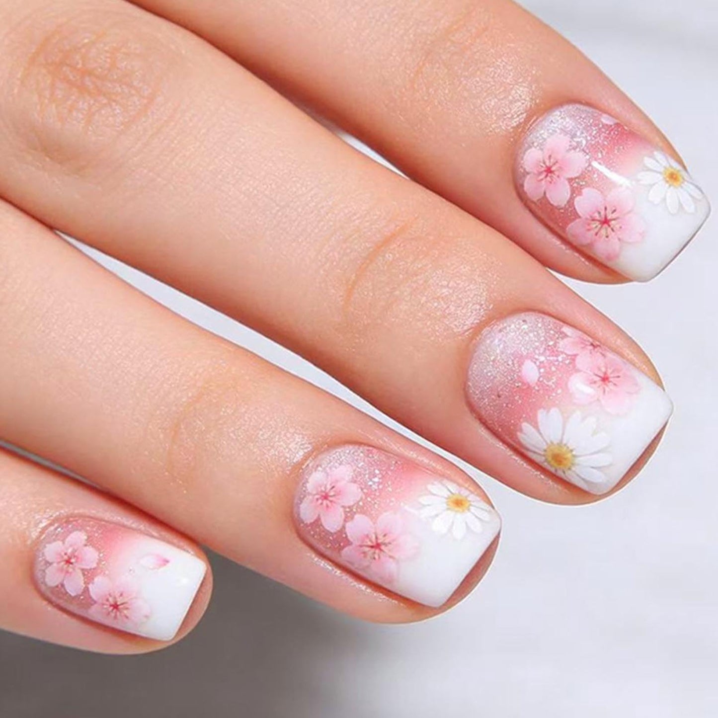 Flower Press on Nails Short Square Fake Nails with Floral Glitter Designs Spring Nails Press ons Pink White Glue on Nails Cute False Nails Summer Stick on Nails for Women 24Pcs