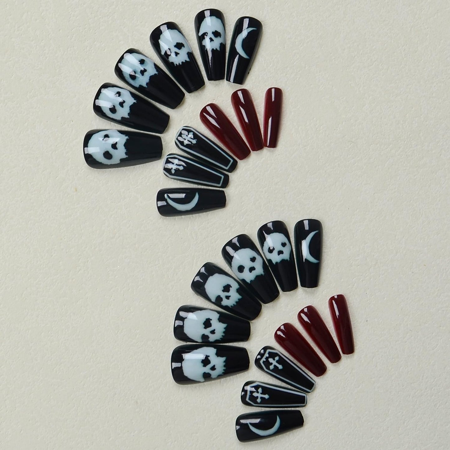 Halloween Press on Nails Medium Coffin Shape Fake Nails with Horror White Skull Designs Full Cover Stick on Nail Glossy Red Black Acrylic False Nails for Women Party Manicure Decor 24 Pcs