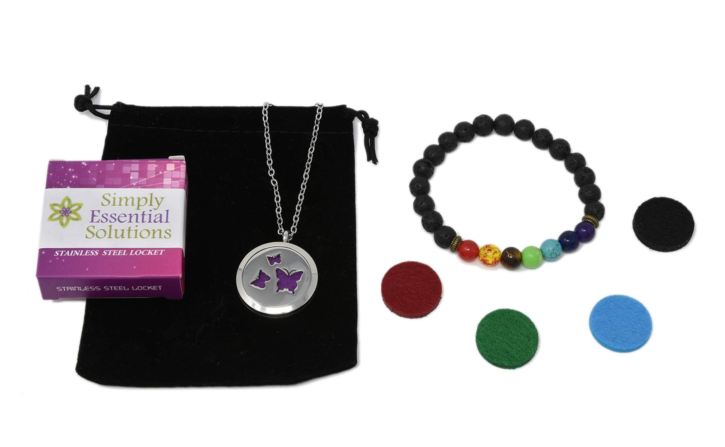 Aromatherapy Essential Oil Diffuser Stainless Steel 30MM Silver Magnetic Locket Pendant 2 Sizes Chain Necklace, Refill Pads & Diffuser Bracelet in a Velvet Bag (butterfly4)