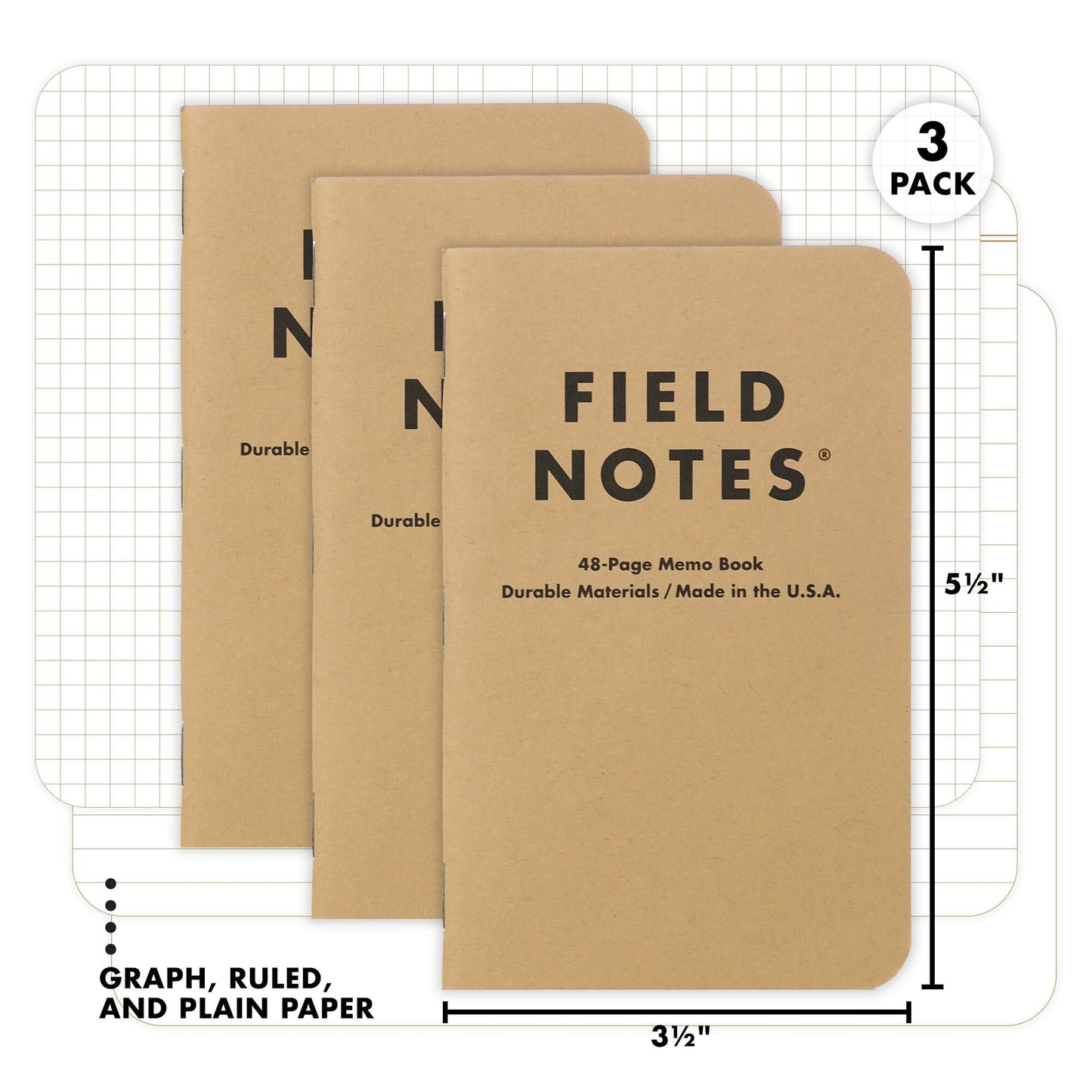 Field Notes: Original Kraft 3-Pack - Mixed Paper (1 Graph/Grid, 1 Ruled/Lined, 1 Plain/Blank) Memo Books - 48 Page Pocket Notebooks - 3.5" x 5.5"