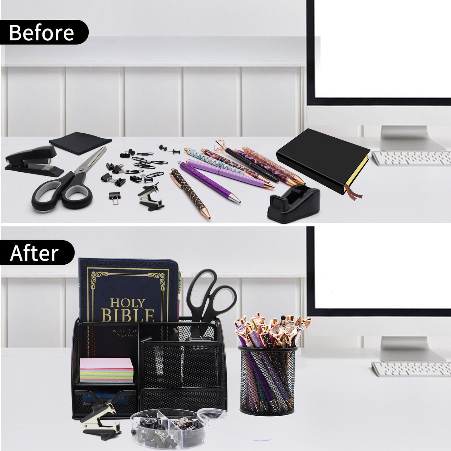Shellvcase Black Desk Organizers and Accessories,12pcs Office Supplies Set With Pen Holder, Tape Holder, Stapler, Scissors, Ruler, Staple Remover for Office & Study Room, Gift for Coworker
