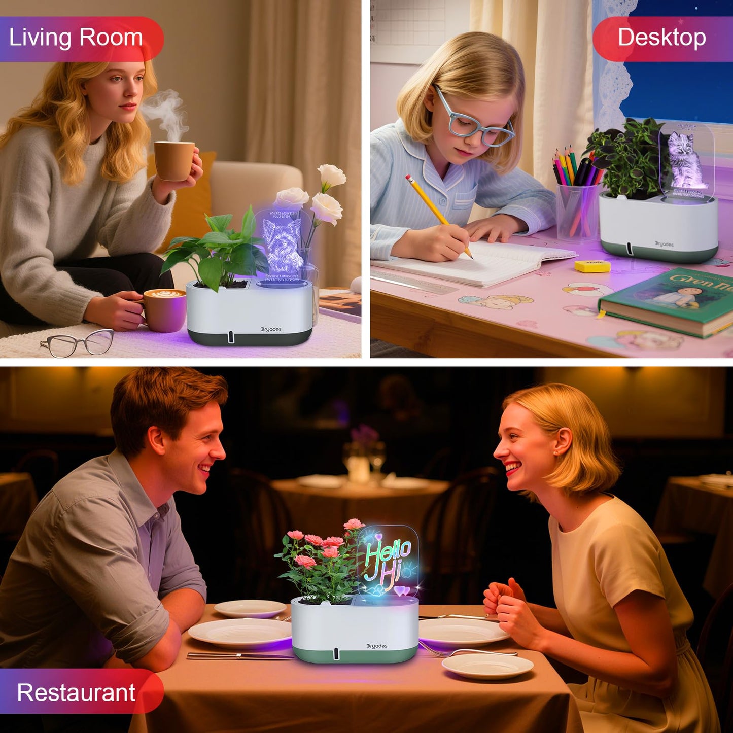 Self-Watering Planter with LED Note Board & 7 Colors Pen Acrylic Message Board with Light Acrylic Dry Erase Board, Led Cat Board Night Light with Planting Pot for Children's Day Gifts(No Plant&Seed)