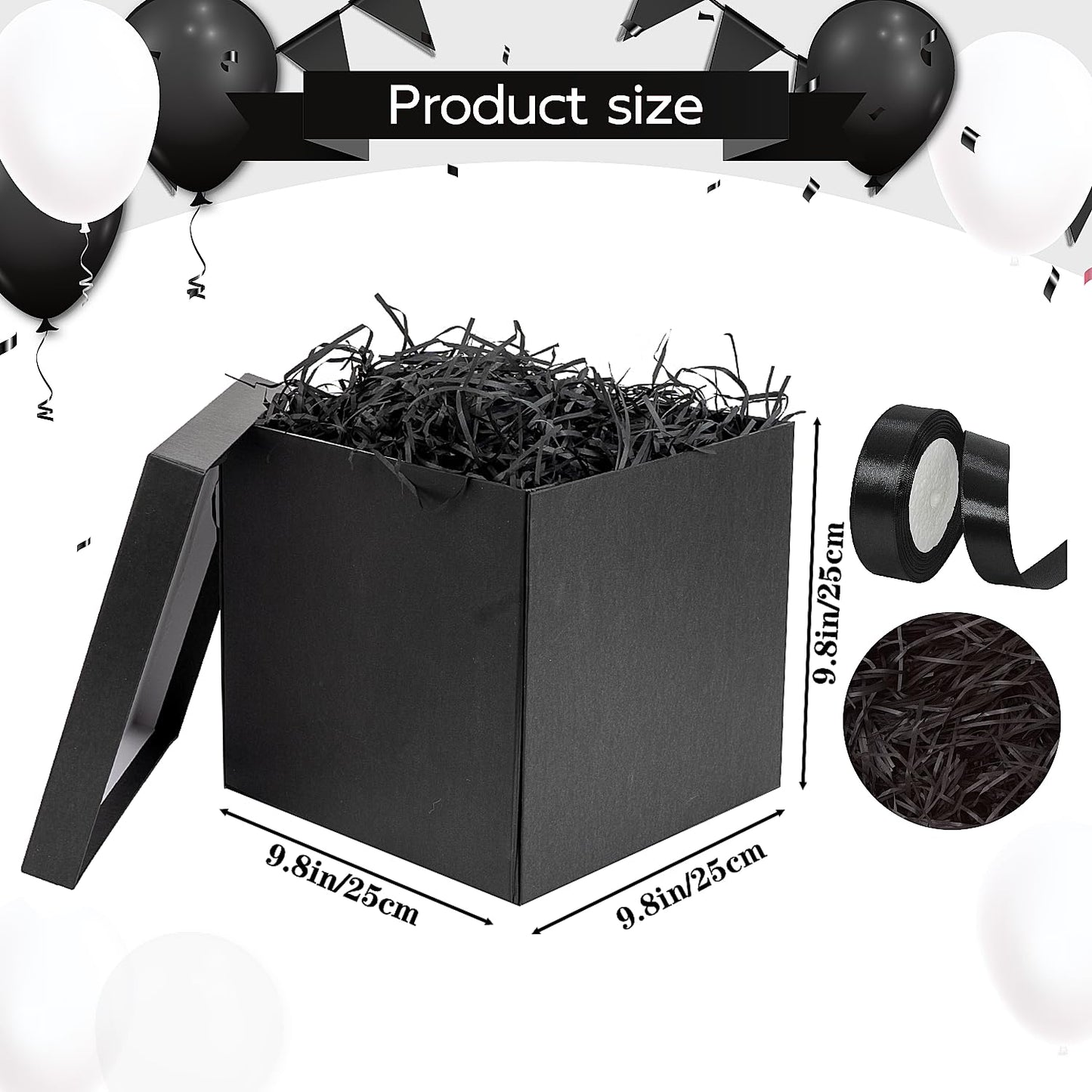 Jaywayang 10" Large Gift Box with Lid and Ribbon, Black Gift Box with Paper Filler for Birthday, Wedding, Valentine's Day, Father's Day, Anniversarry Presents Wrapping.