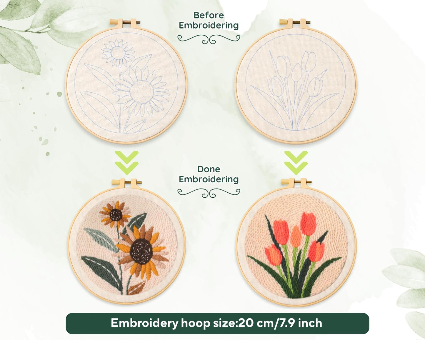 DS. DISTINCTIVE STYLE 2Pcs Embroidery Kits for Beginners,DIY Embroidery Starter Kit,Beginner Cross Stitch Kits for Adults with Instructions,Pattern,Yarns,Hoops,Threader Tools (Sunflowers&Tulips)