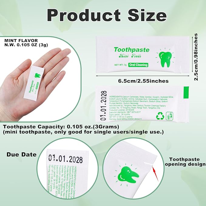 Too Small Bulk Travel Size Toothpaste Pack of 100,0.105 oz Extra Small Toothpaste Travel Size Bulk Mint Mini Disposable Toothpaste for Hotel,Guests,Homeless,Charity(Only Good for Single Use)
