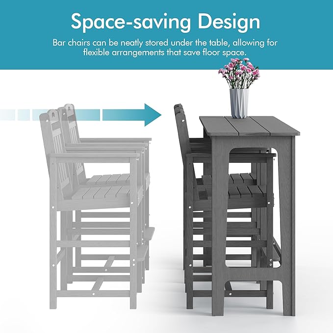 Ciokea Outdoor Bar Height Table Set of 5, 60" Extra Long Rectangle High Top Table and 4 Oversized Adirondack Chairs Set, Heavy-Duty All-Weather HDPE Patio Bar Set for Backyard Balcony Deck, Grey
