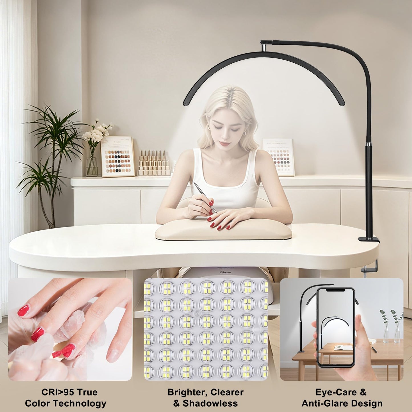 Half Moon Light for Nail Desk - Professional Shadowless LED Manicure Lamp with Clamp, 3 Color Modes & 10 Brightness Levels, Eye-Caring Beauty Lamp for Eyelash Extensions, Tattoo, Estheticians