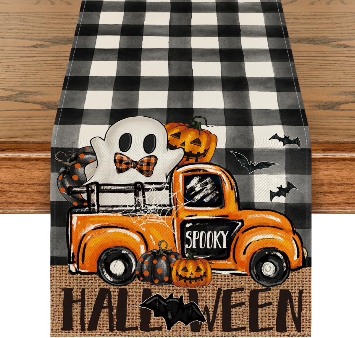 Artoid Mode Buffalo Plaid Bat Pumpkin Ghost Truck Spooky Halloween Table Runner, Sensonal Kitchen Dining Table Decoration for Home Party Decor 13x120 Inch