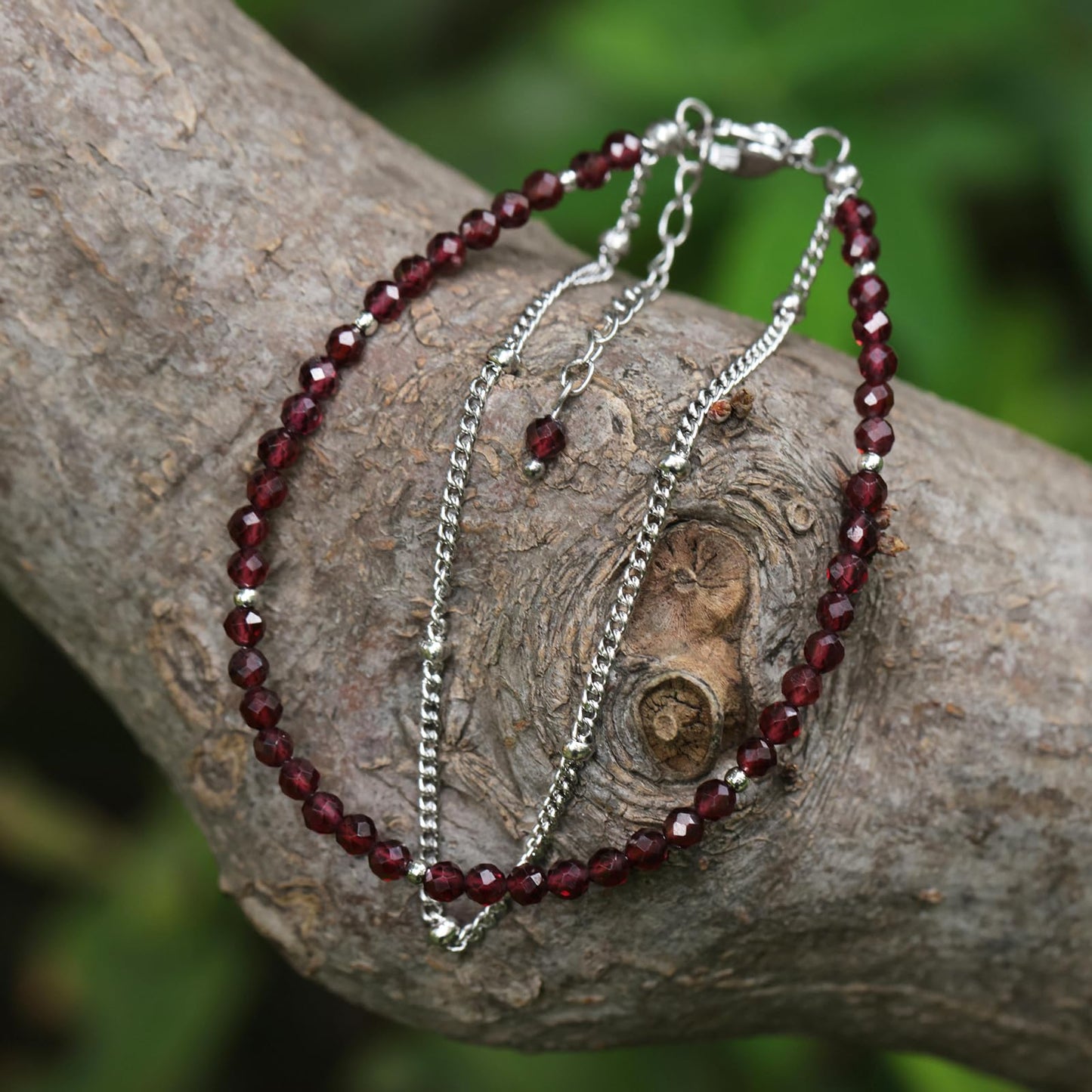 MIROCANE Red Garnet Stand Silver Bracelet, Handmade January Birthstones Stack Bracelets Crystal Gemstones Bead Chain Gifts for Women, 8"