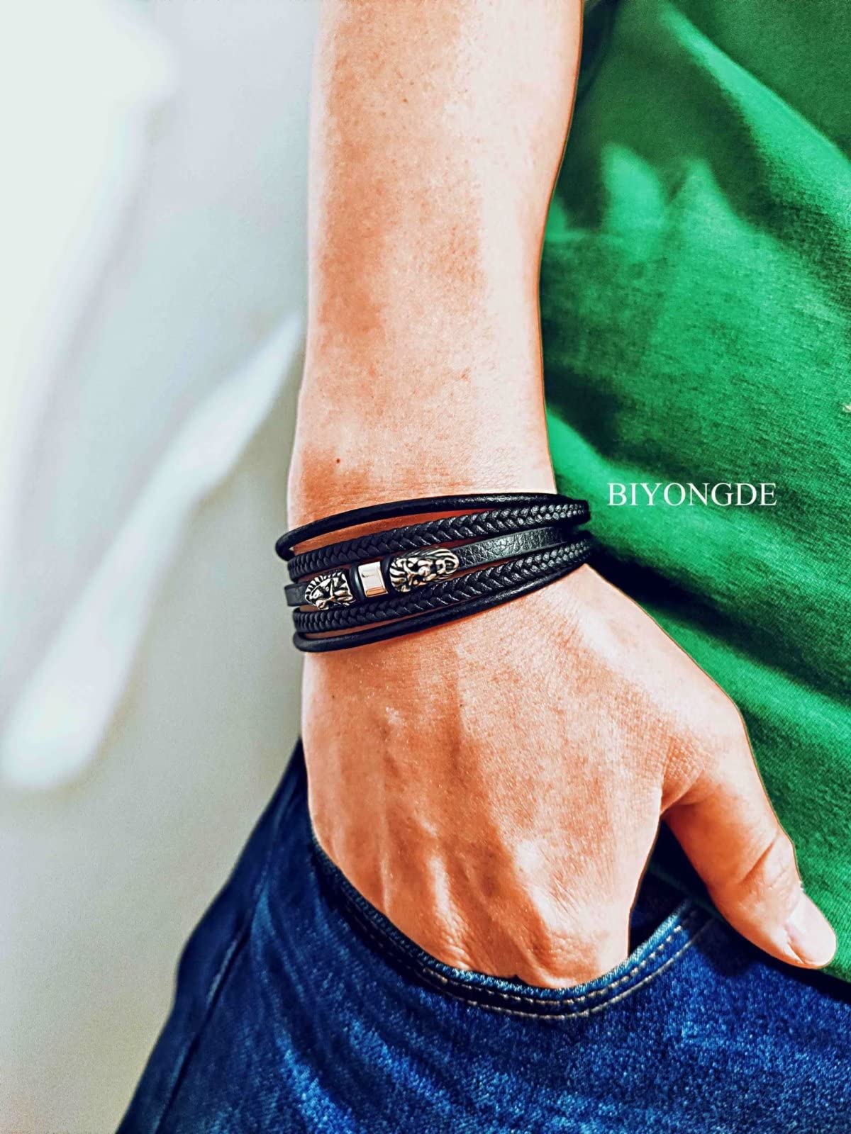 BIYONGDE Mens Stainless Steel Vintage Double Lion Heads Multi-strand Black Leather Bangle Bracelet, Minimalist Classic
