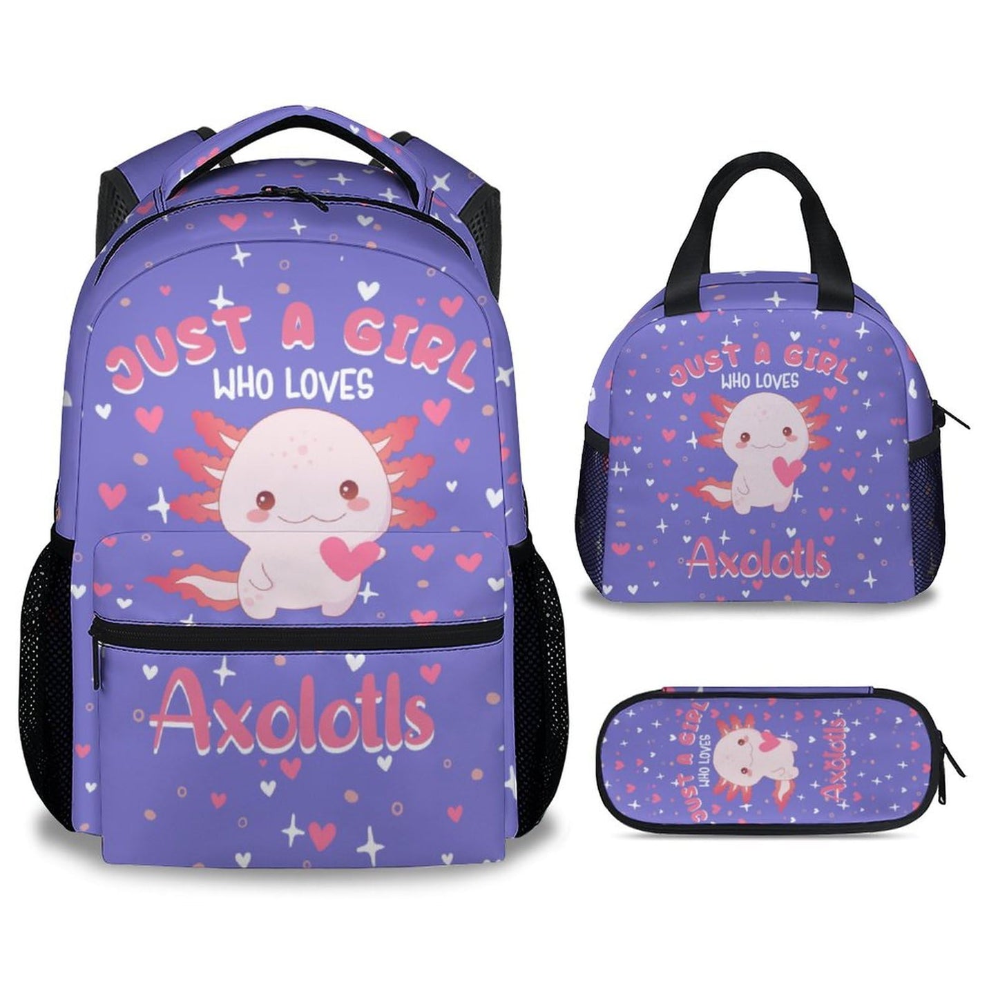 PAKKITOP Girls Backpack with Matching Lunch Box - Axolotl Backpacks with Lunch Bag Pencil Case Combo for Kids - Cute Purple Bookbag and Pencil Case Bundle - Cartoon School Supplies