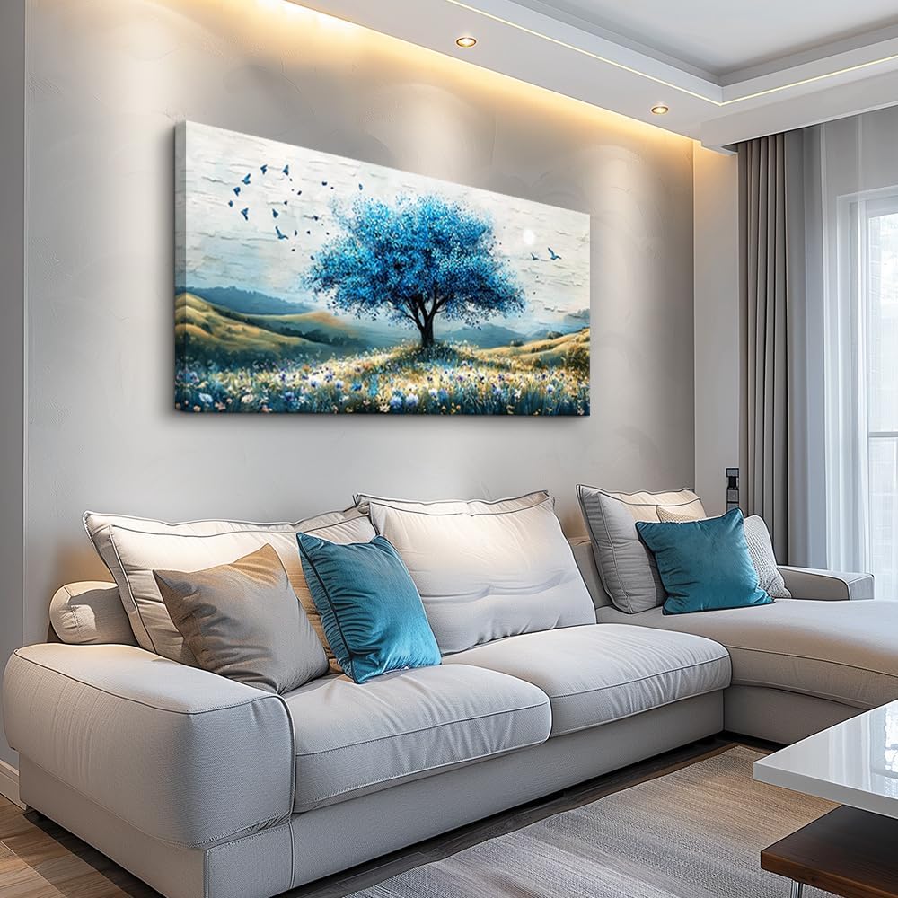 ZUITINGHUA Large Wall Decor For Living Room Canvas Wall Art For Office Modern Wall Decorations For Bedroom The Blue Tree Landscape Painting Farmhouse Pictures Artwork Room Home Decor 24x48 In