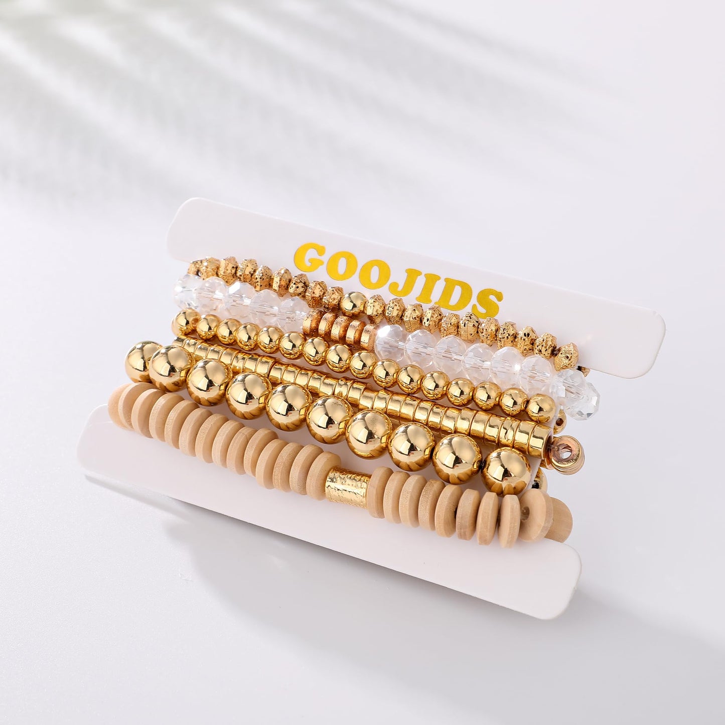 GOOJIDS Simple Beaded Gold Plated Bangles Bracelet Chunky Bamboo Tube Curved Stacking Clear Acrylic Colorful Beads Stretchable Gold Plated Bracelets Set For Women