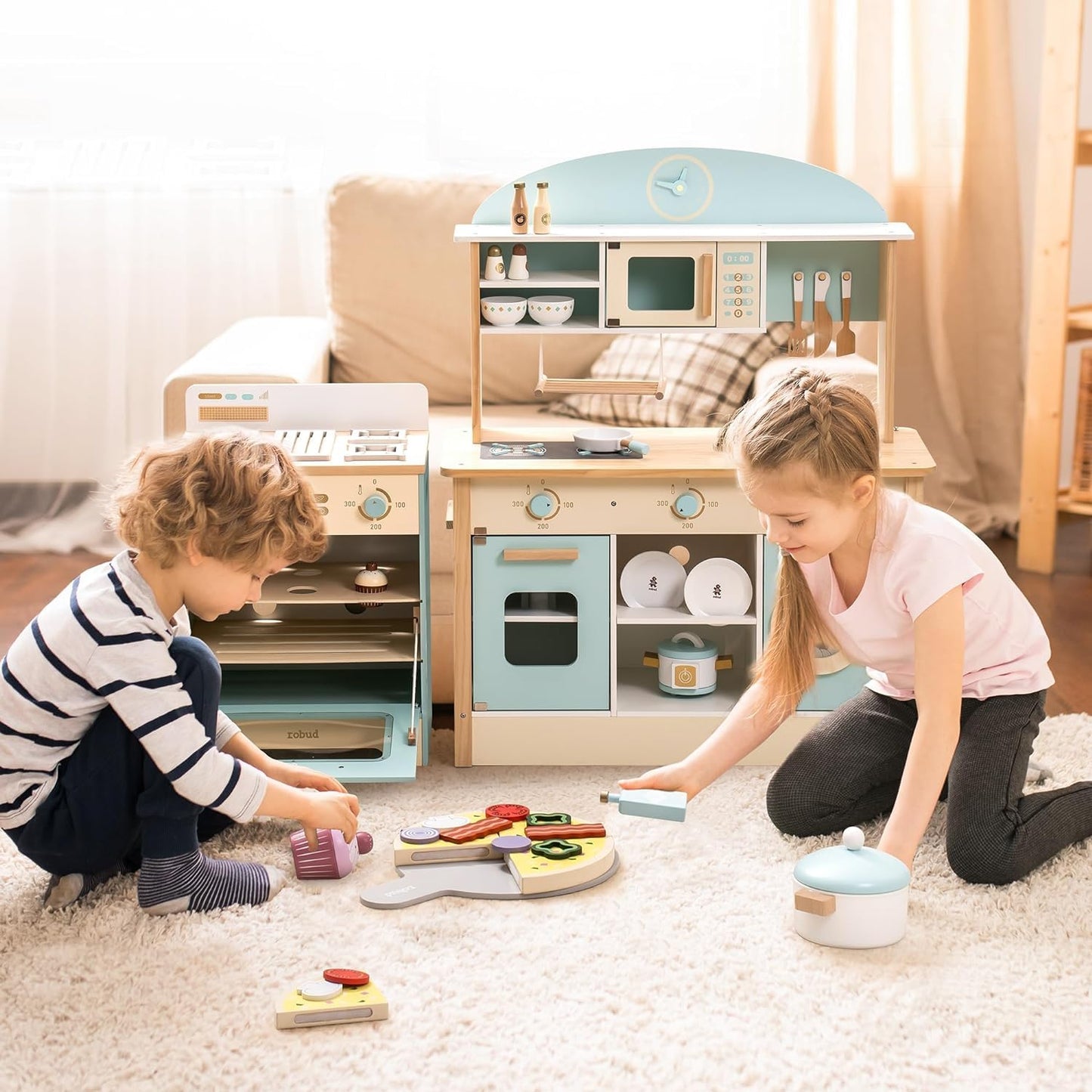 ROBOTIME Wooden Play Kitchen, Toddler Kitchen Playset with Oven, Fridge & Washing Machine, Kids Kitchen Playset Gift for 3+ Year Old Boys & Girls