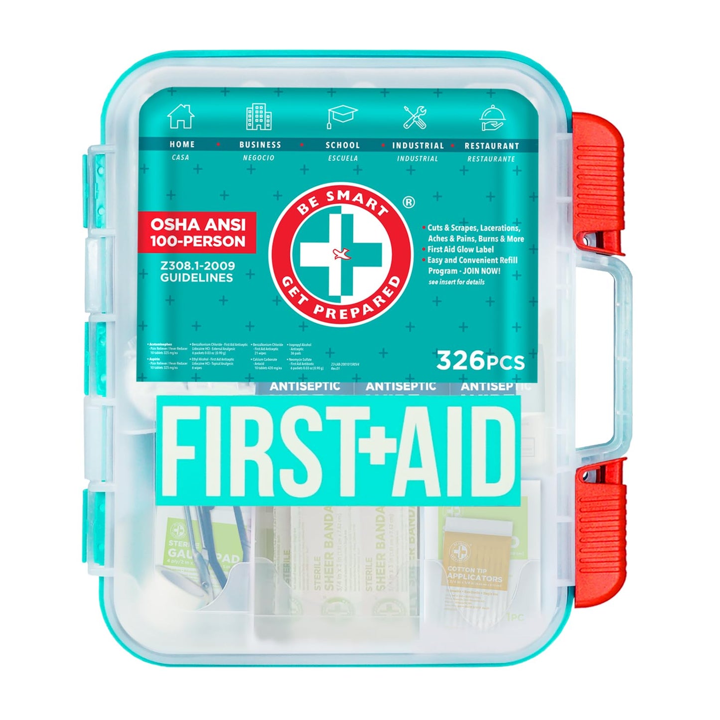 Be Smart Get Prepared First Aid Kit, Teal, 326 Piece, Exceeds OSHA and ANSI Guidelines 100 People - Office, Home, Car, School, Emergency, Survival, Camping, Hunting and Sports