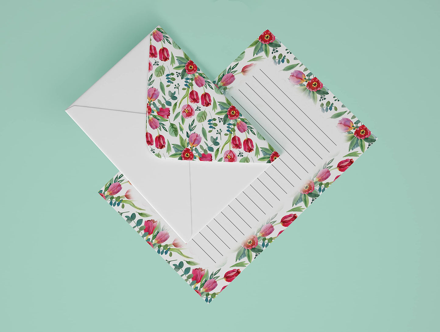 Better Office Products Mini Stationery Set, 100 Piece Set (50 Lined Floral Sheets + 50 Matching Envelopes), 5.5 x 8.25 inch, 6 Unique Designs, Double Sided Printing, Double Side Lined Paper,