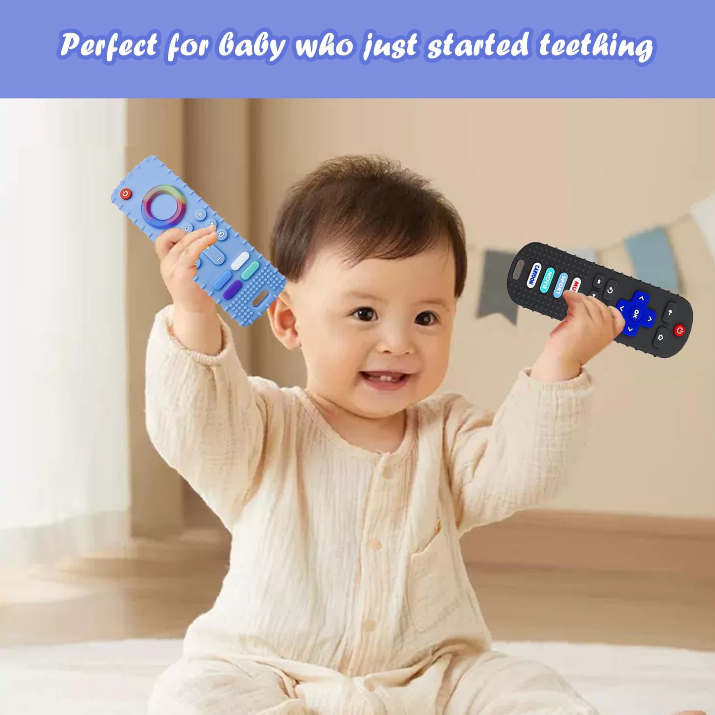 ERSIHUA 2-Pack Baby Teething Toys-TV Remote Control Shape Silicone Infants Teething Toys for Babies 0-18 Months,BPA-Free (Black+Blue)