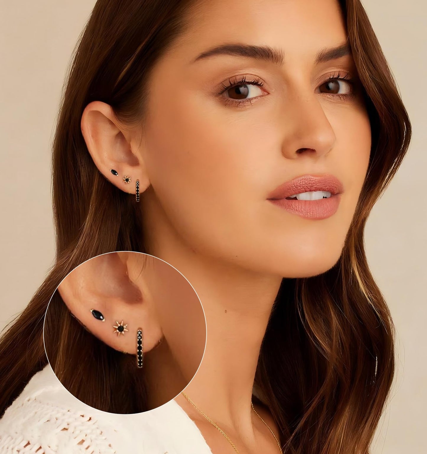 Gold Stud Earrings for Women, 6 Pairs 14K Hypoallergenic Cartilage Earrings for Multiple Piercing, Dainty Small Stackable Hoop Ball Earrings Set (Black-CZ-6 Pairs)