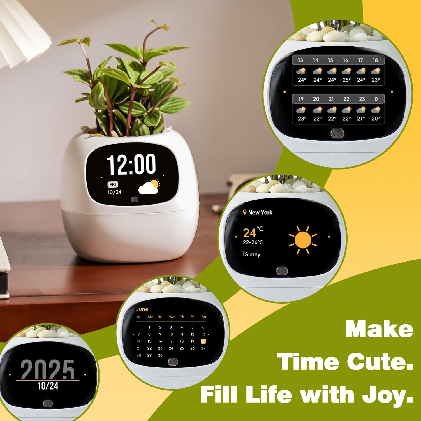 Smart Plant Pot with Visual Display – Soil Moisture, Water Level, Light & Battery Monitor, 80ml Self-Watering Reservoir, Supports 100+ Plants, Pomodoro Timer, Clock & Calendar-White