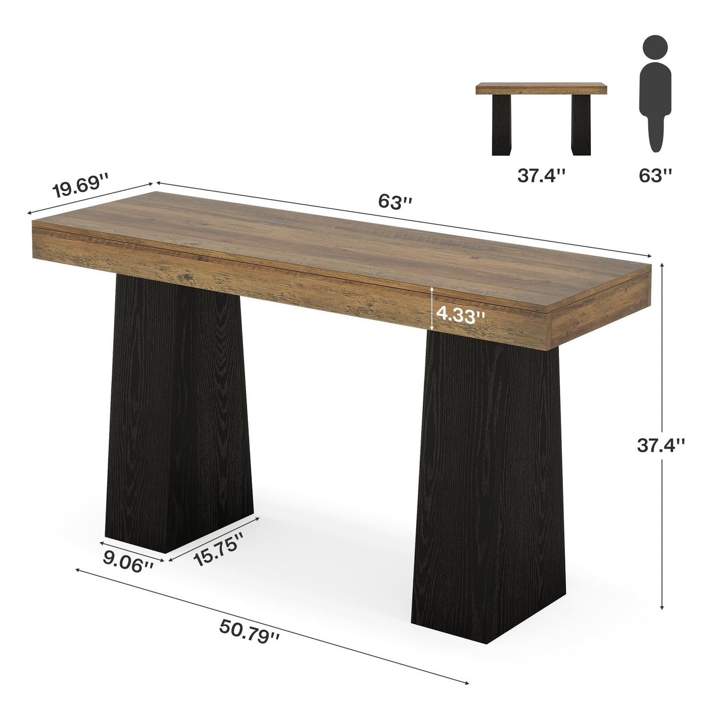 Tribesigns 63-Inch Bar Height Table, Wood Rustic Counter Height Table, Rectangular Home Bar with Thickened Tabletop and Sturdy Base for Kitchen, Dining Room, Living Room, Pub, Brown & Black (1)