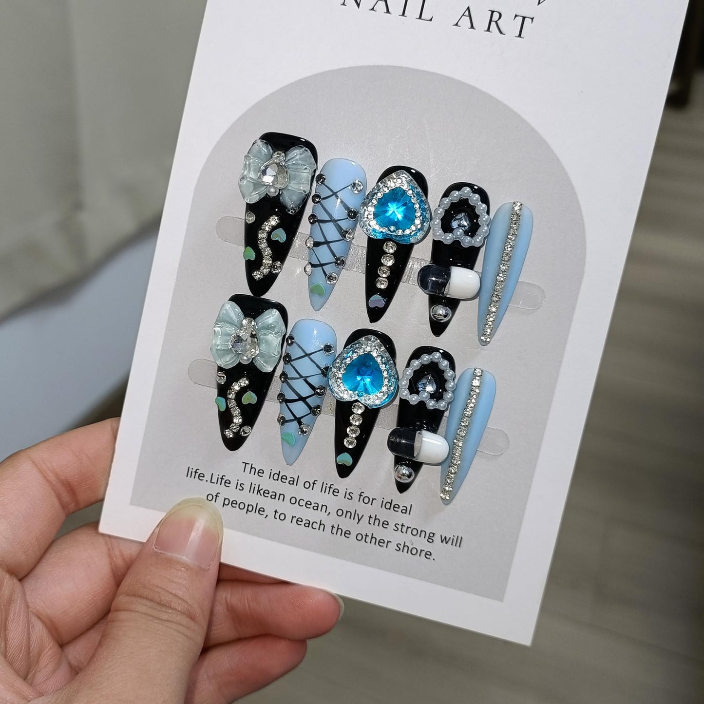 TENPAL 10Pcs Gothic Press On Nails Long Stiletto,Baroque Cameo & Floral Lace French Tip Glue on Nails with 3D Charms,Victorian Gothic Nails w/Tools,Glossy Dark Romantic Fake Nails for Party Event(S)