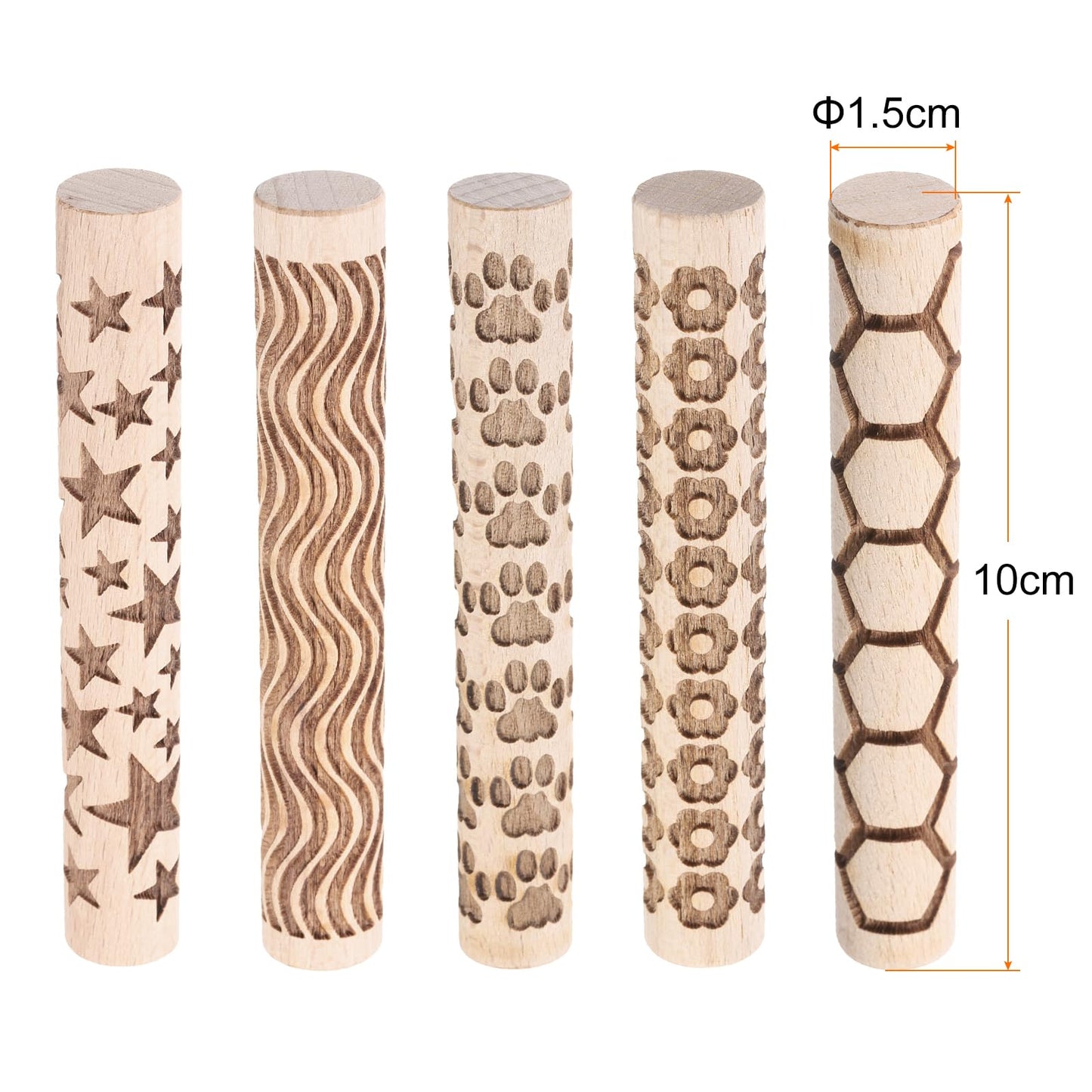 HARFINGTON 5pcs Wood Clay Roller 4"Lines Flower Paw Print Hexagon Star Pattern Rolling Pins Pottery Tools Wood Grain Texture Rollers for Clay Baking Dough Playdough DIY