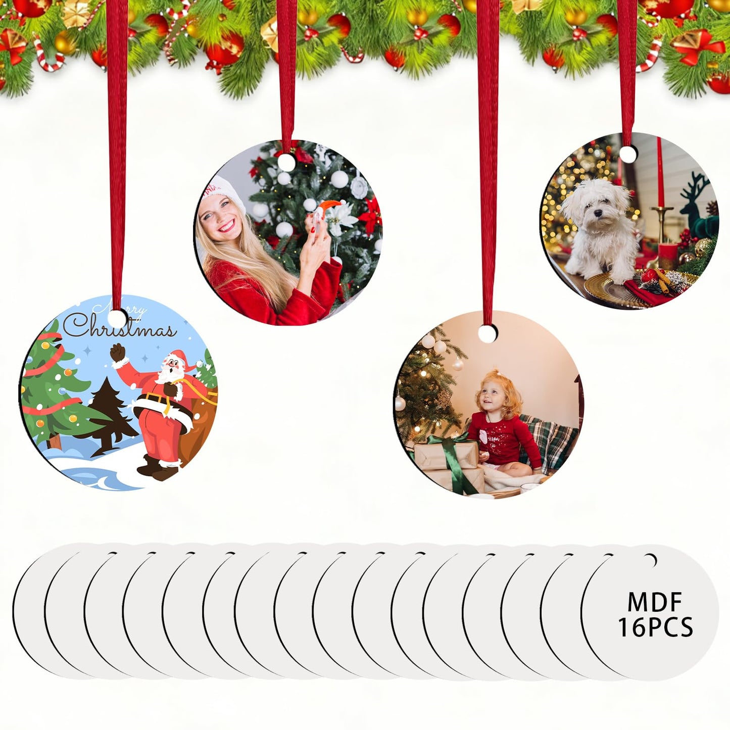 Sublimation Ornament Blanks 16 PCS Double Side Sublimation Blanks Personalized Christmas Ornaments White Round MDF Pendants for Christmas Decorations