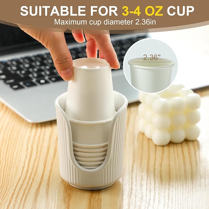 Ceramic Bathroom Cup Dispenser with Stylish Vertical Stripes - Disposable Mouthwash Cup Holder Holds 3-4oz Paper Cups for Rinsing Cups on Bathroom Vanity Countertops (White)