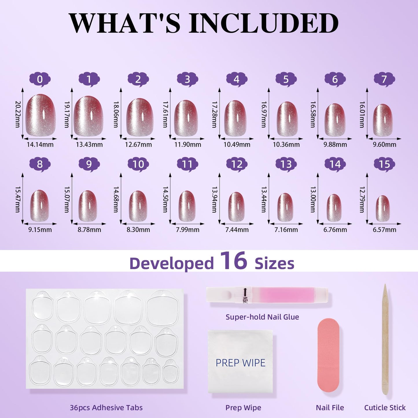 Light Berry Pink Cat Eye Press On Nails - Short Oval Ombre Cat Eye Fake Nails with Shimmer, Reusable Nails Press Ons for Women 32 Pieces 16 Sizes