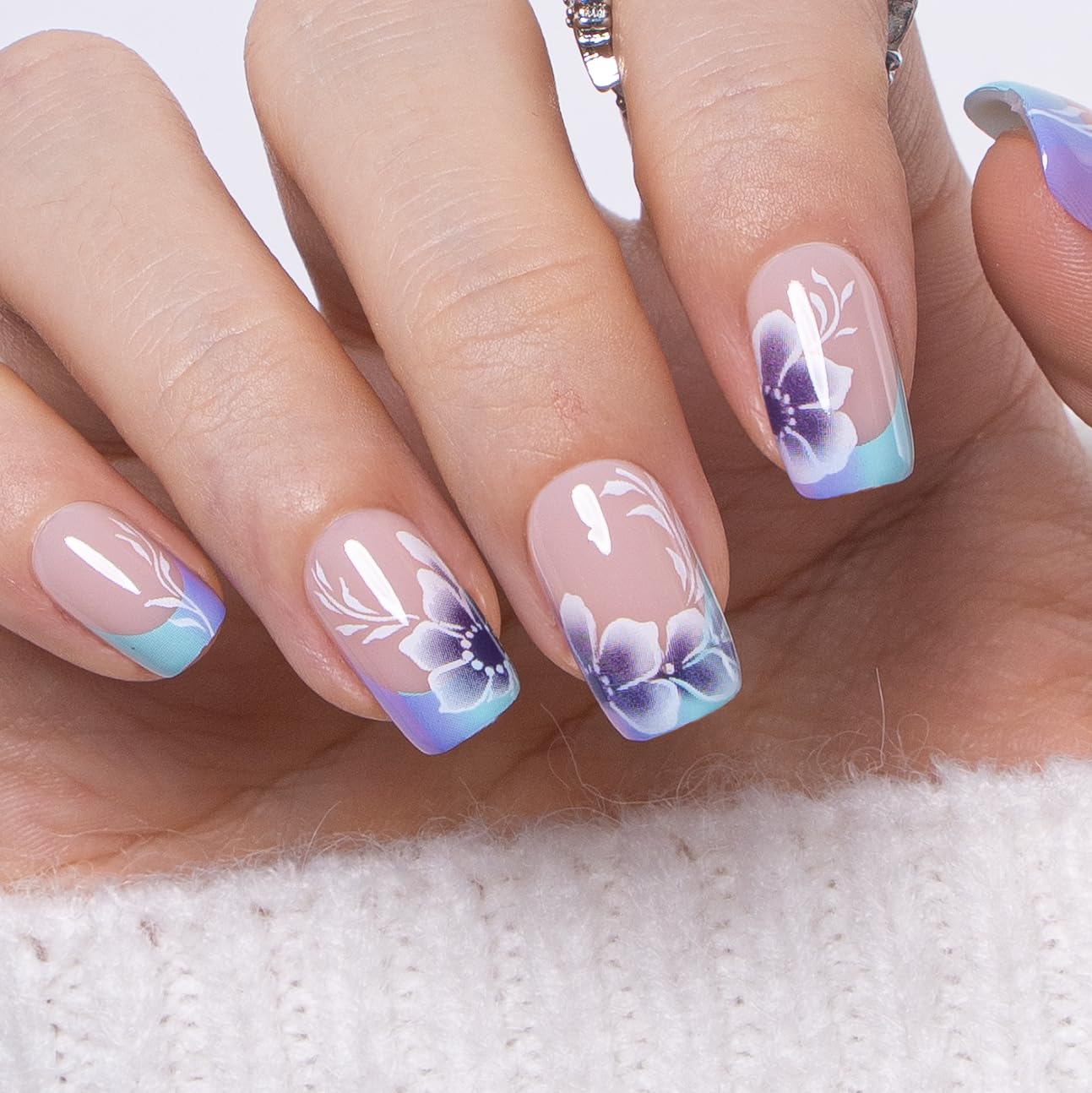 Curvlife Press on Nails Acrylic Fake Nails with Design Full Cover False Nails for Women Reusable Nail Kit with Nail Glue Adhesive Tabs Nail File (summer flowers)