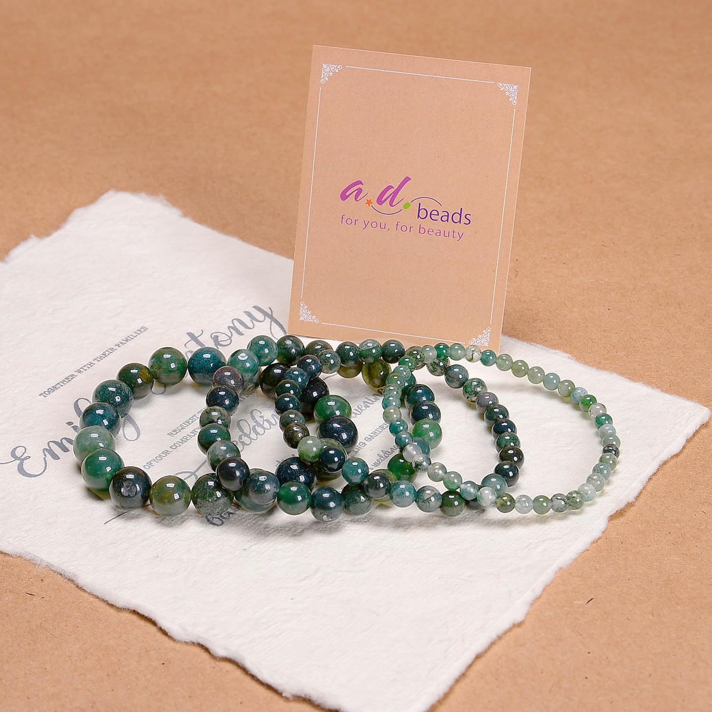 AD Beads Handmade Gemstone Stretch Elastic Bracelet Crystal Healing Reiki Nature's Beauty and Spiritual Essence Unisex (10mm, Moss Agate (Universal Connection))