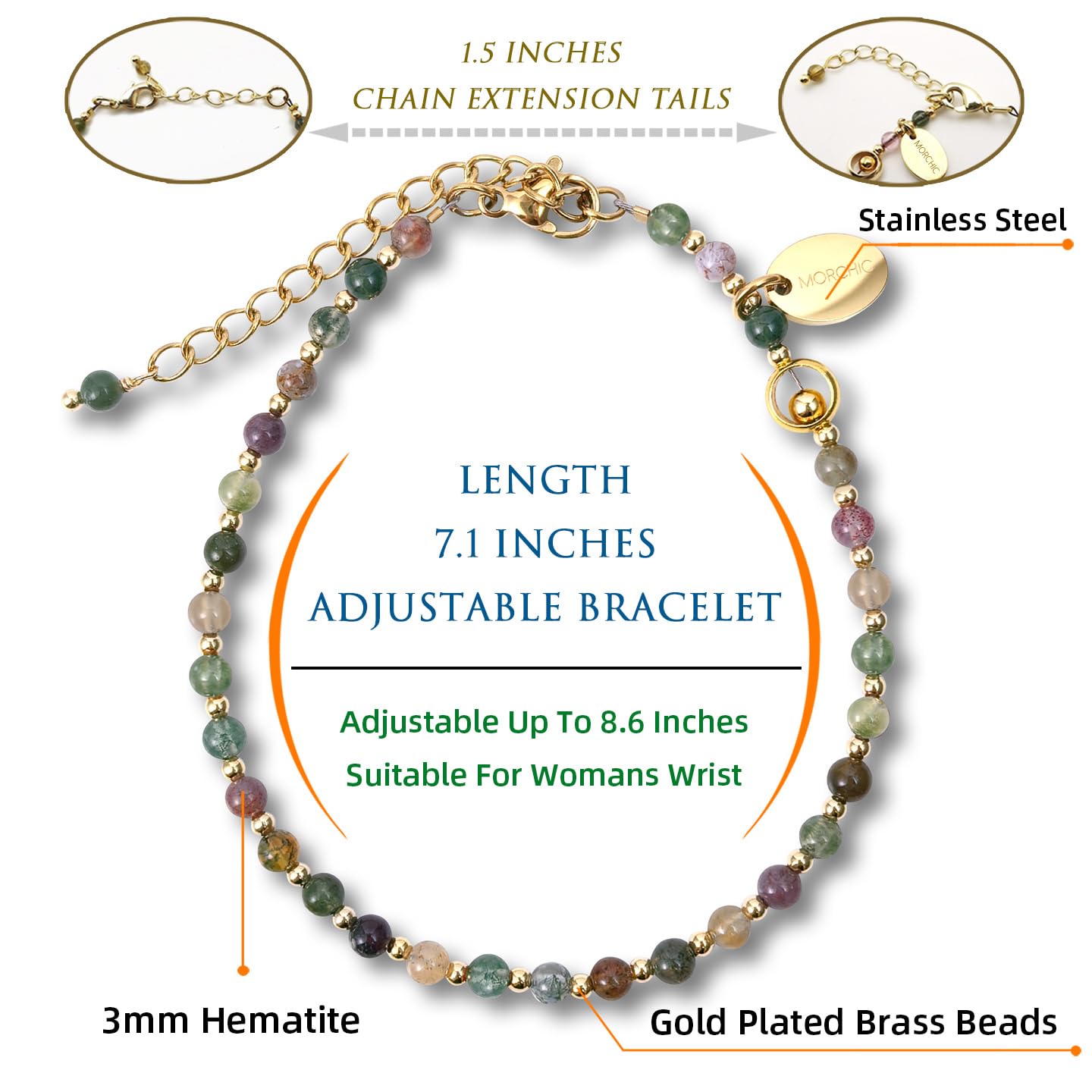 Morchic 3mm Multi-Color India Agate Natural Gemstone Beaded Bracelet for Women, Dainty Charm Jewelry, Adjustable 7.1-8.6", Ideal Birthday Holiday Gift