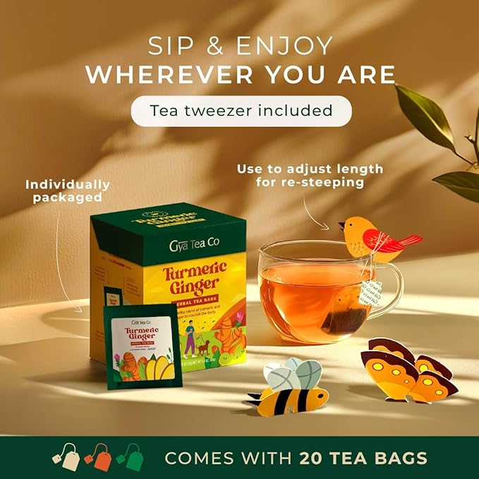 Gya Tea Co Turmeric Ginger Herbal Tea Bags (20 Bags) - Caffeine Free with a Tangy Flavor for All Day Comfort, Calming, Relaxing & Nourishing - Fruit & Herbal Blends