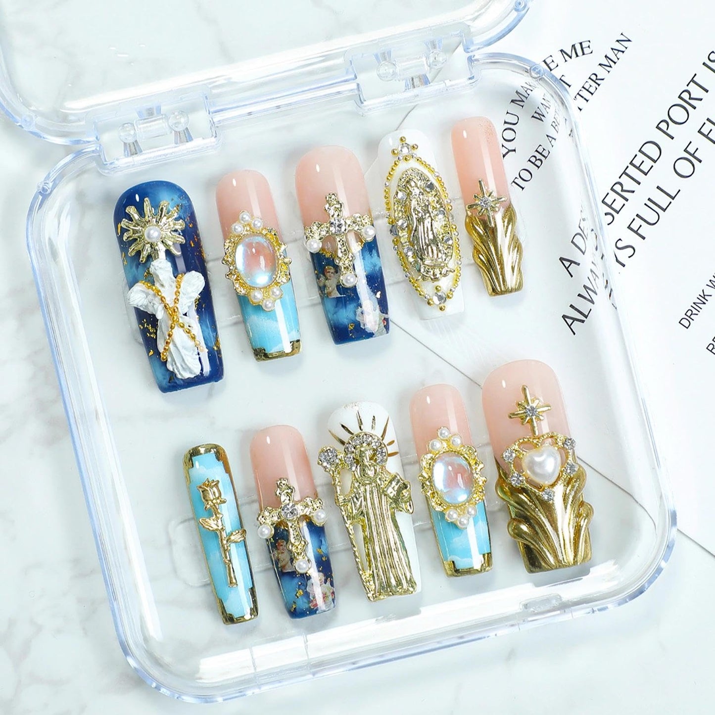 Handmade 3D Blue-Pink-Gold Royal Embossed Pearl Square Press On Nails, Luxury Retro Noble Style Artisan Nails Set, Reusable Glossy Press-ons with Tool Kit(S)