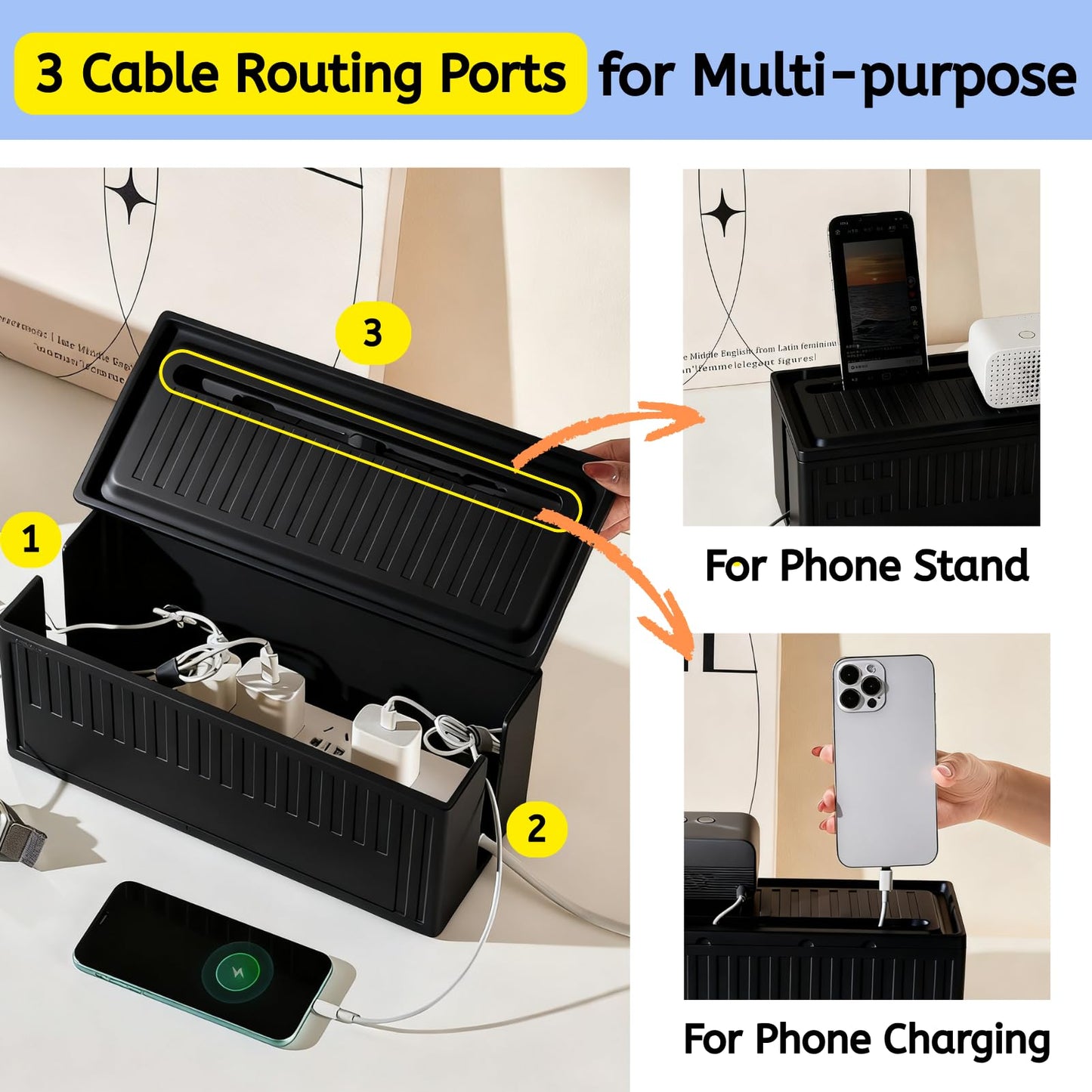 Cable Box - [142Pcs] Cable Management Kit, Medium Cord Hider Box to Conceal Power Strip Holder on Desk or Floor, Under Desk Cable Management Kit Cable Organizer Box, TV Cord Organizer Box, Black
