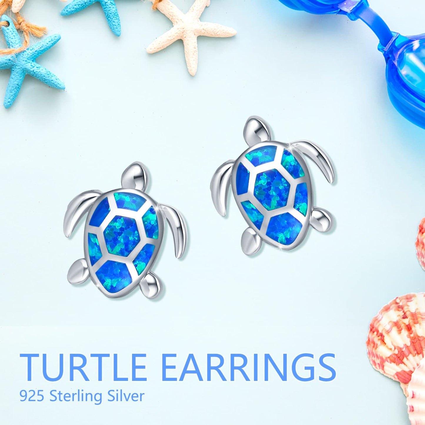 AOVEAO Sea Turtle Earrings,Sterling Silver Hawaiian Beach Themed Stud Earrings Turtle Dangle Blue Opal Ocean Jewelry Gifts for Women Girlfriend (Stud)