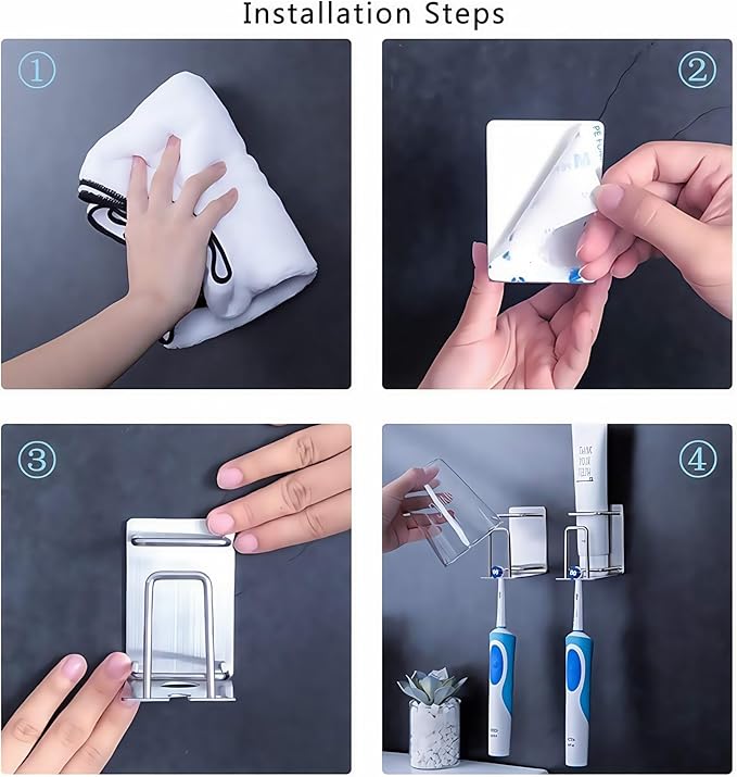 HANZE 2 Pack Toothbrush Holder 304 Stainless Steel Adhesive Wall Mounted 3 in 1 with Toothbrush Holder Toothpaste Holder and Cup Holder for Bathroom Shower