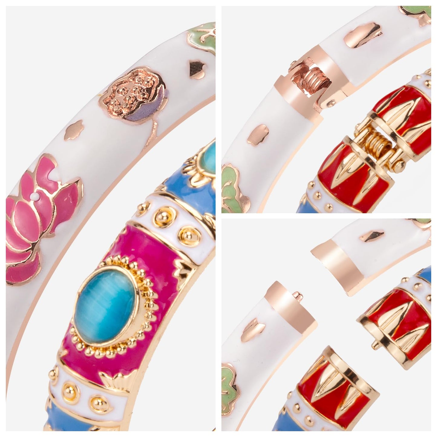 UJOY Vintage Cloisonne Jewelry Bracelet Plated Handmade Bead Rhinestones Enamel Spring Cuff Bangles 2 Pcs Set for Womens Gift 7735-55A35 Pink White