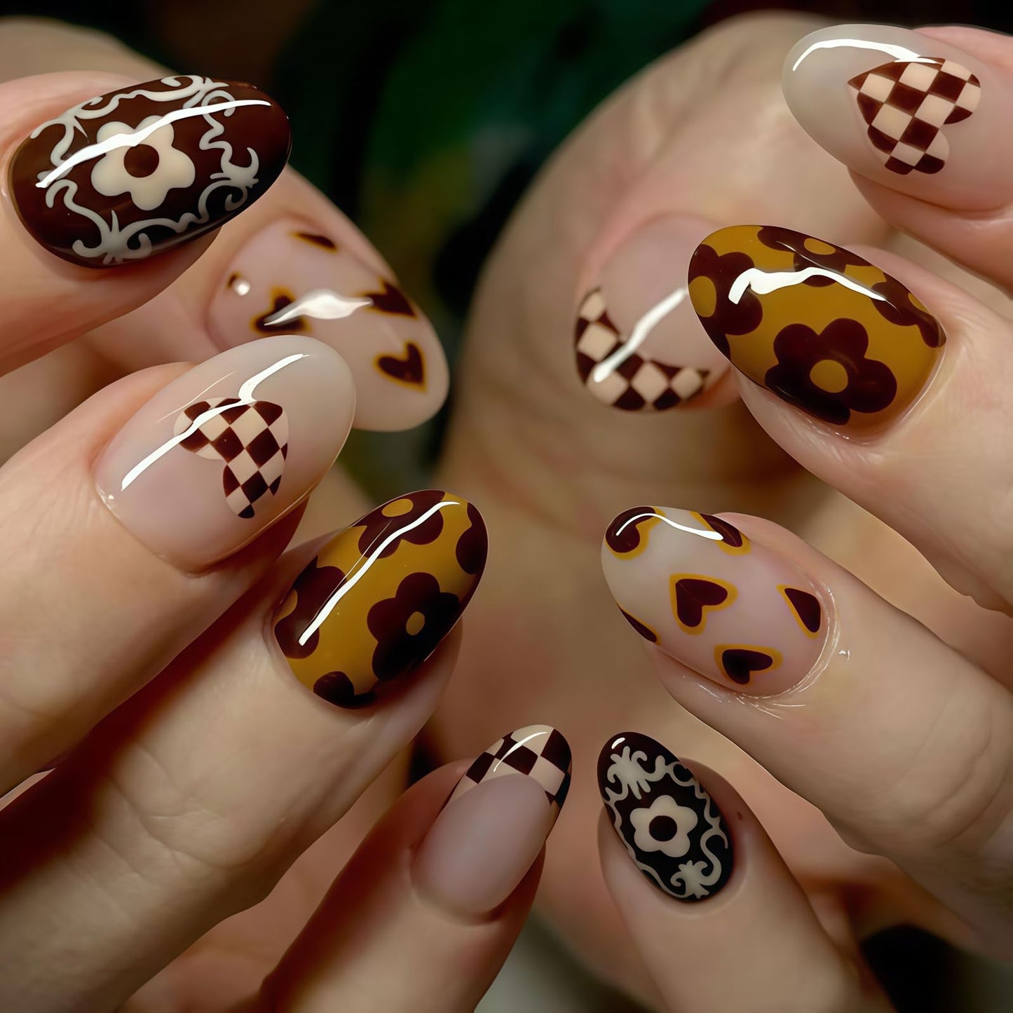 Brown Press on Nails Medium Oval Fake Nails French Tip Nails Press ons with Flower, Checkered Heart Design,Cute Reusable Artificial Nail Full Cover Stick on Nails for Women Manicure 24Pcs